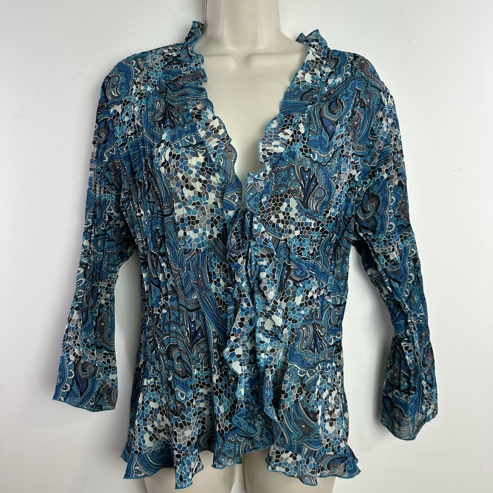Y2k Fairy Tie Front Top Womens‎ L Blue Floral Crinkle Ruffle V Neck Boho Whimsy